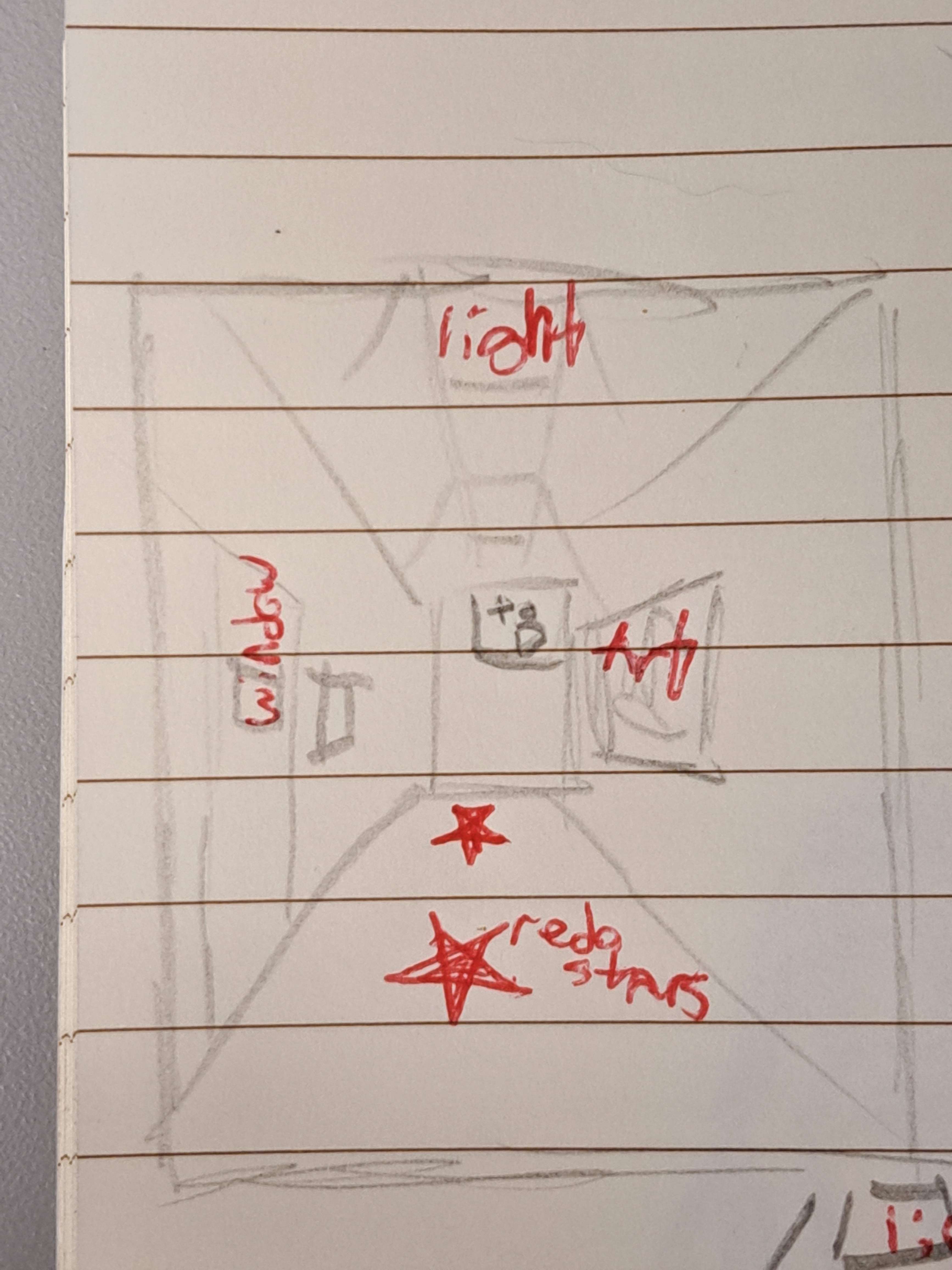 Goal: make space feel more inviting<br>- replace pipes & vents with ceiling tiles<br>- overhead lighting<br>- redo stars in different colour tile<br>- add artwork to walls<br>- replace doors with ones that have windows